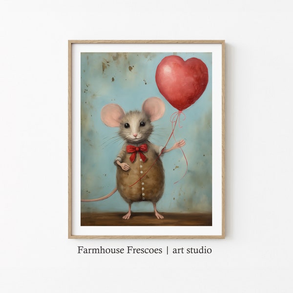 PRINTABLE Valentine's Day Farmhouse Art | Rustic Farmhouse Decor | Mouse Painting | Farmhouse Digital Download | Whimsical Farmhouse Art