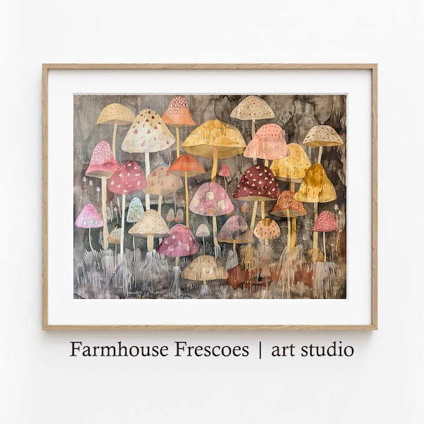 Printable Mushroom Painting | Mushroom Wall Decor | Digital Mushroom Art | Country Farmhouse Art Print | Spring Wall Art | Hippie Art