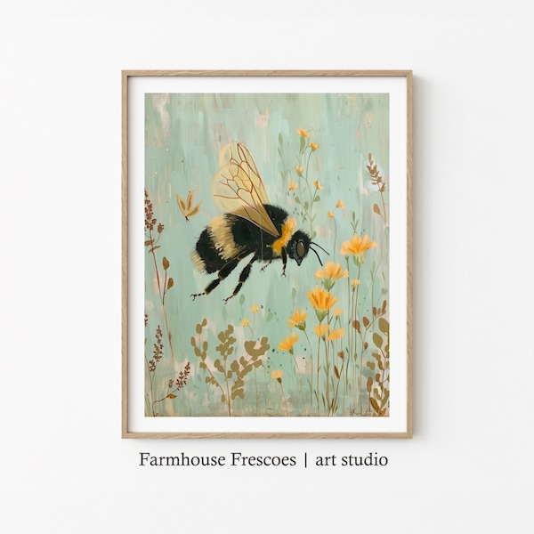Bumblebee Painting | Digital Bumblebee Art Print | Whimsical Spring Wall Art | Floral Wall Art | Modern Farmhouse Decor | Bee Painting