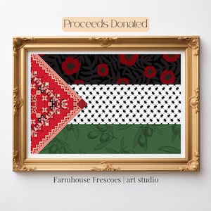 Palestijnse vlag Art Print, gratis Palestina digitale afdrukbare muurkunst, rode klaproos, Keffiyeh-kunst, olijfboomkunst, verzetsactivisme kunst