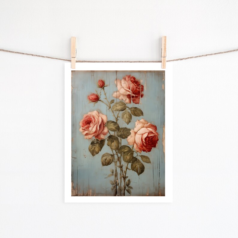 Rustic Roses Painting DIGITAL WALL ART Country Cottage Home Decor Rustic Country Art Print
