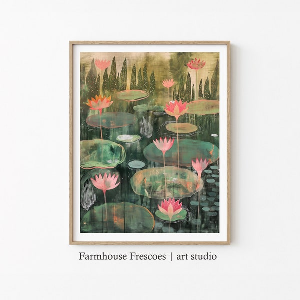 Water Lily Lotus Flower Painting | Digital Download | Lily Pad Painting | Lotus Flower Wall Art | Modern Farmhouse Decor | Water Lily Art