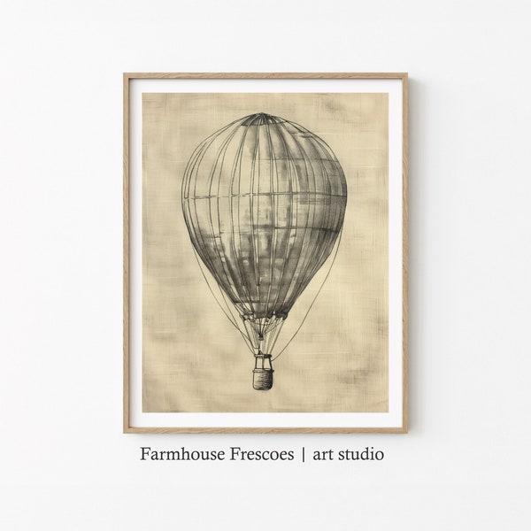 Printable Hot Air Balloon Sketch | Neutral Wall Art | Digital Downloadable | Farmhouse Country Cottage Decor | Minimal Boho Wall Art