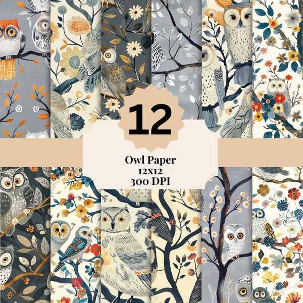 Printable Owl Art | Set of 12 | Digital Designer Paper | Scrapbook Paper Set | Owl Art Print | Owl Wall Art | Digital Art Collage Set