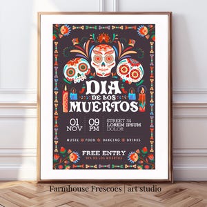 Cartaz do Dia dos Mortos para impressão | Arte de parede do Dia de Los Muertos | Impressão de arte de parede do Dia dos Mortos | Arte de parede digital | Decoração de arte de parede mexicana
