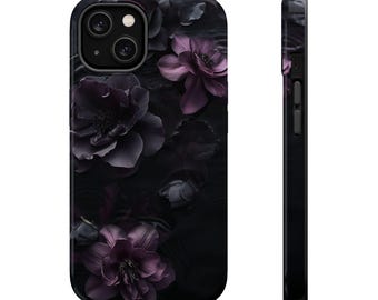 Gothic Floral MagSafe Phone Case 4, iPhone 13 14 15 Pro Max, Dark Flower Vintage Victorian Ornamental, Gothic Black, Matte or Glossy