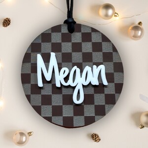 Checkered Custom Ornament | Monogram Name Engrave | Chocolate Espresso Brown Acrylic Gloss & Matte