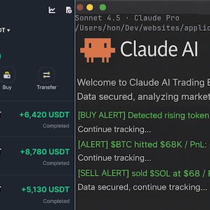 Puede incluir: Una pantalla de ordenador muestra una interfaz de bot de trading con datos financieros. El saldo total es de 152.186,44 USDT. La pantalla muestra opciones de depósito y retiro, junto con detalles de transacciones y alertas en tiempo real.