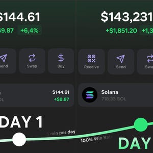 Puede incluir: Una interfaz digital que muestra datos de criptomonedas. La pantalla muestra información financiera, incluidos los montos en dólares y los cambios porcentuales. La palabra "Solana" es visible, junto con los textos "Día 1" y "Día 3".