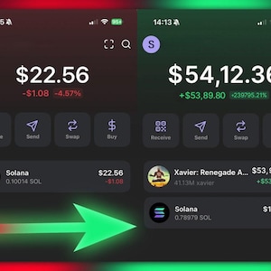 May include: A screenshot of a mobile phone app showing a cryptocurrency trading interface. The app displays the current price of Solana (SOL) at $22.56, down $1.08 from the previous price. The app also shows the price of Solana at $178.04, down $8.29 from the previous price. The app has buttons for Receive, Send, Swap, and Buy.