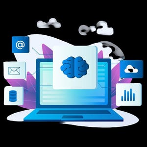 May include: A blue laptop computer with a white screen displaying a blue brain icon. The laptop is surrounded by icons representing email, a database, a cloud, and a graph. The background is a white and purple abstract design.