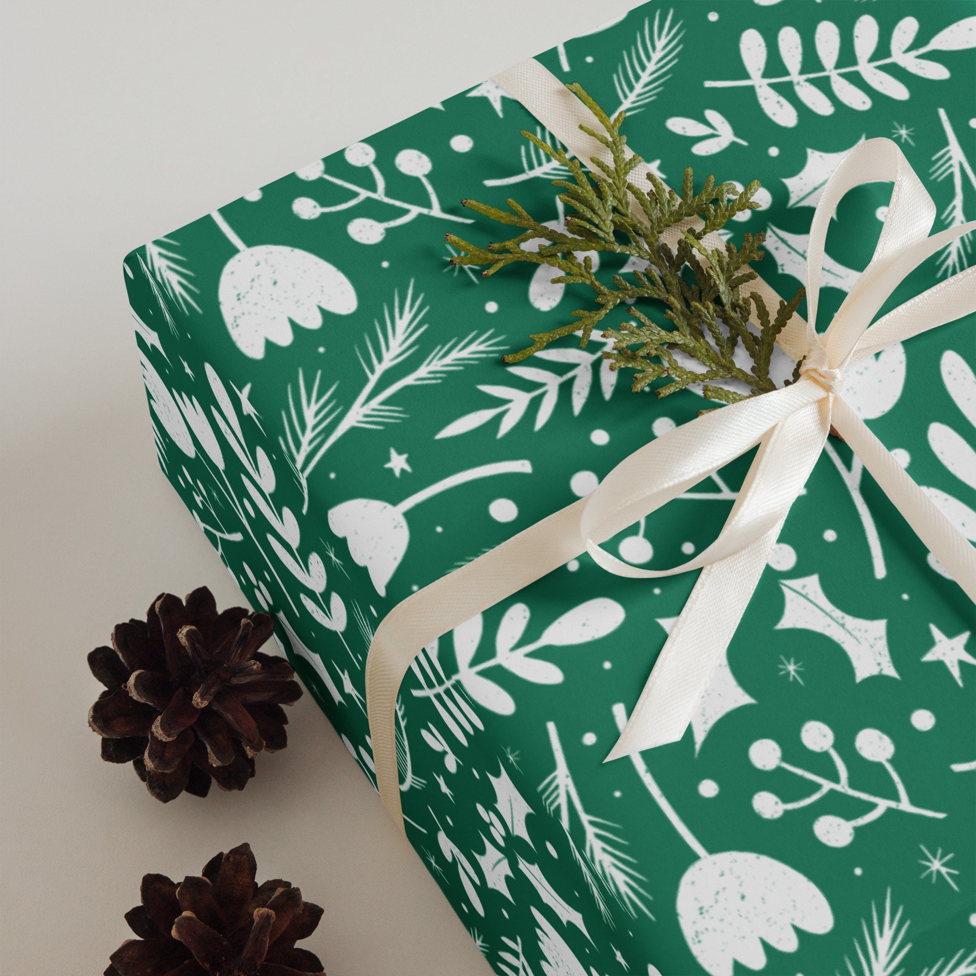 Christmas Wrapping Paper Sheets 3 Floral Holiday Gift Wrap Green and ...
