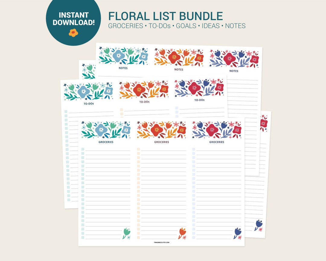 Printable Floral Checklist Bundle Grocery List Download Downloadable To ...