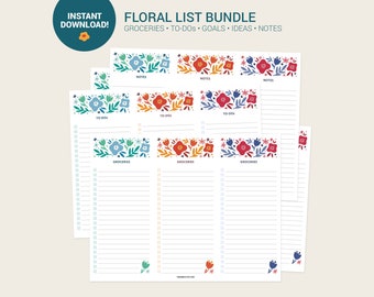 Printable Floral Checklist Bundle | Grocery List Download | Downloadable To-Do List | Checklist Instant Download | Downloadable PDF Lists