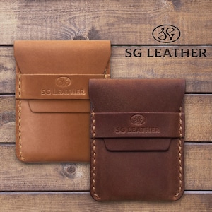 Leren kaartportemonnee met klep, minimalistische portemonnee van Crazy Horse-leer, monogramkaarthouder, lederwaren, gepersonaliseerd cadeau voor haar