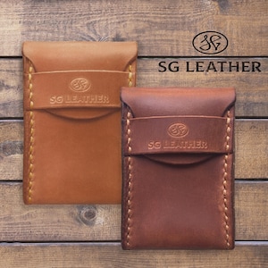 Leren kaartportemonnee met klep, minimalistische portemonnee van Crazy Horse-leer, monogramkaarthouder, lederwaren, gepersonaliseerd cadeau voor haar
