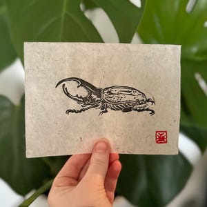 Hercules Beetle Linocut Print | Black | Red | Brown | Green