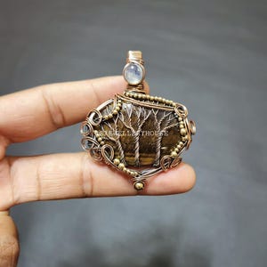 Three Tree Of Life Tiger Eye Gemstone Pendant Copper Wire Wrapped Pendant Moonstone Pendant Copper Jewelry Handmade Pendant Gift For Her