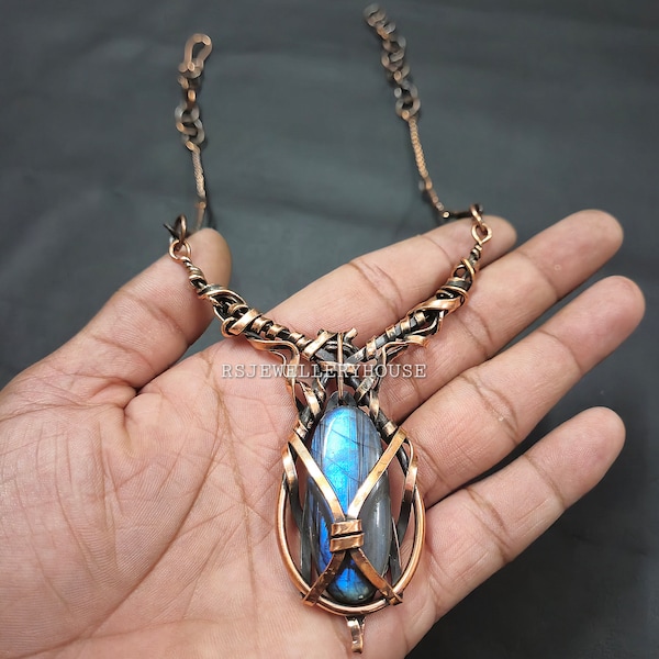 Labradorite Copper Wire Wrapped Necklace Adjustable Necklace Gemstone Jewelry Handmade Copper Jewelry Prom Gift Jewelry Gift For Her