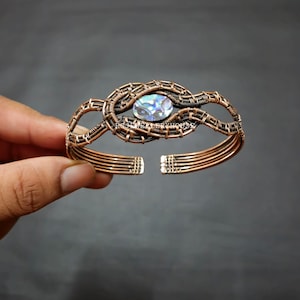 Abalone Shell Gemstone Wire Wrapped Bangle Adjustable Cuff Handmade Jewelry Copper Bracelet Occasion Copper Jewelry Birthday Gift For Men