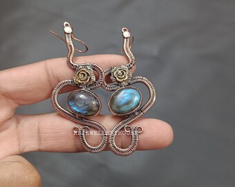 Handmade Copper Wire Wrapped Labradorite Dangle Earrings