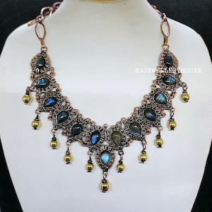 Flashy Labradorite Necklace Copper Wire Wrapped Jewelry Handmade Multi Gemstone Adjustable Necklace Copper Jewelry Halloween Gift For Her