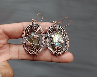 Handmade Copper Wire Wrapped Labradorite Dangle Earrings
