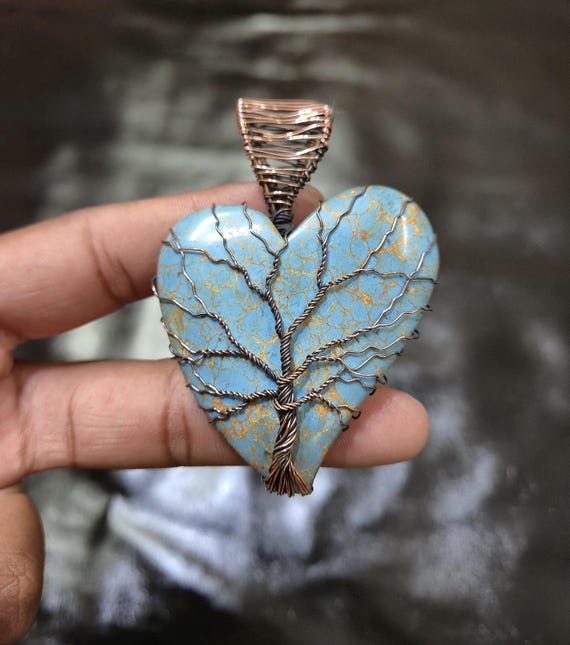 Tree of Life Excellent Turquoise Heart Pendant Copper Wire Wrapped