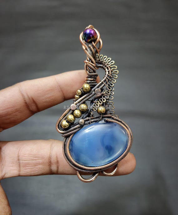 Aquamarine Gemstone Pendant Copper Wire Wrapped Pendant Aquamarine