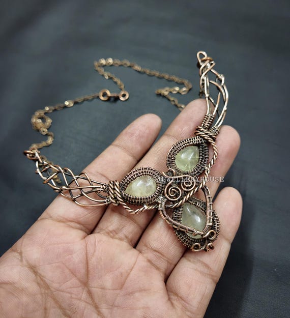 Prehnite Necklace Copper Wire Wrapped Jewelry Designer Adjustable
