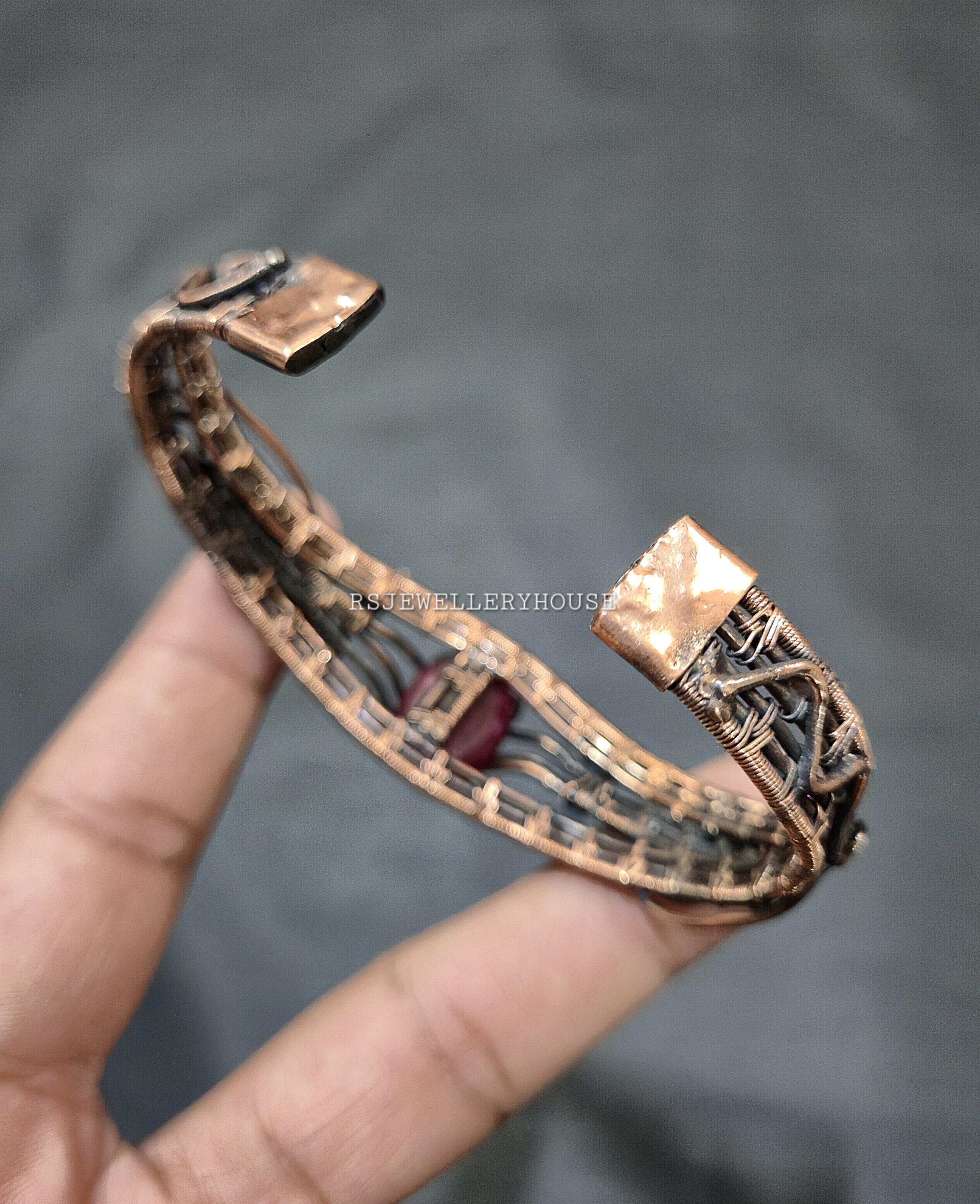 Bracelet manchette fait main en cuivre rubis du Cachemire, jonc torsadé - France