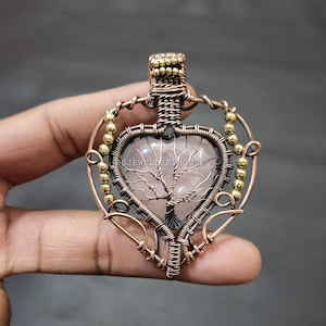 Rose Quartz Tree Of Life Pendant Quartz Gemstone Jewelry Wire Wrapped Pendant Tree Of Life Necklace Heart Wire Desing Jewelry Dainty Jewelry