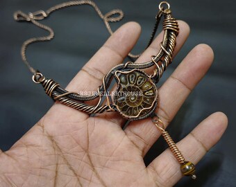 Ammonit Fossil Halskette Draht-Kupferdraht-Wrap-Designer-verstellbare Halskette Tiger-Augen-Perle handgemachte Schmuck Jahrestag Geschenke für Mädchen
