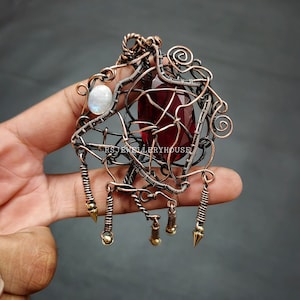 Garnet Pendant Copper Wire Wrapped Pendant Moonstone Gemstone Pendant Copper Jewelry Handmade Pendant Unique Jewelry Christmas Gift For Her