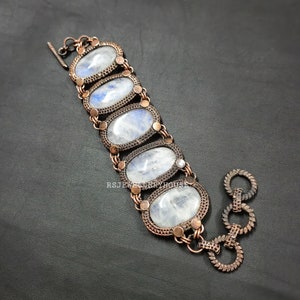 Rainbow Moonstone Gemstone Bracelet Wire Wrapped Bracelet Adjustable Cuff Handmade Bangle Multi Stone Bracelet Unique Jewelry Halloween Gift