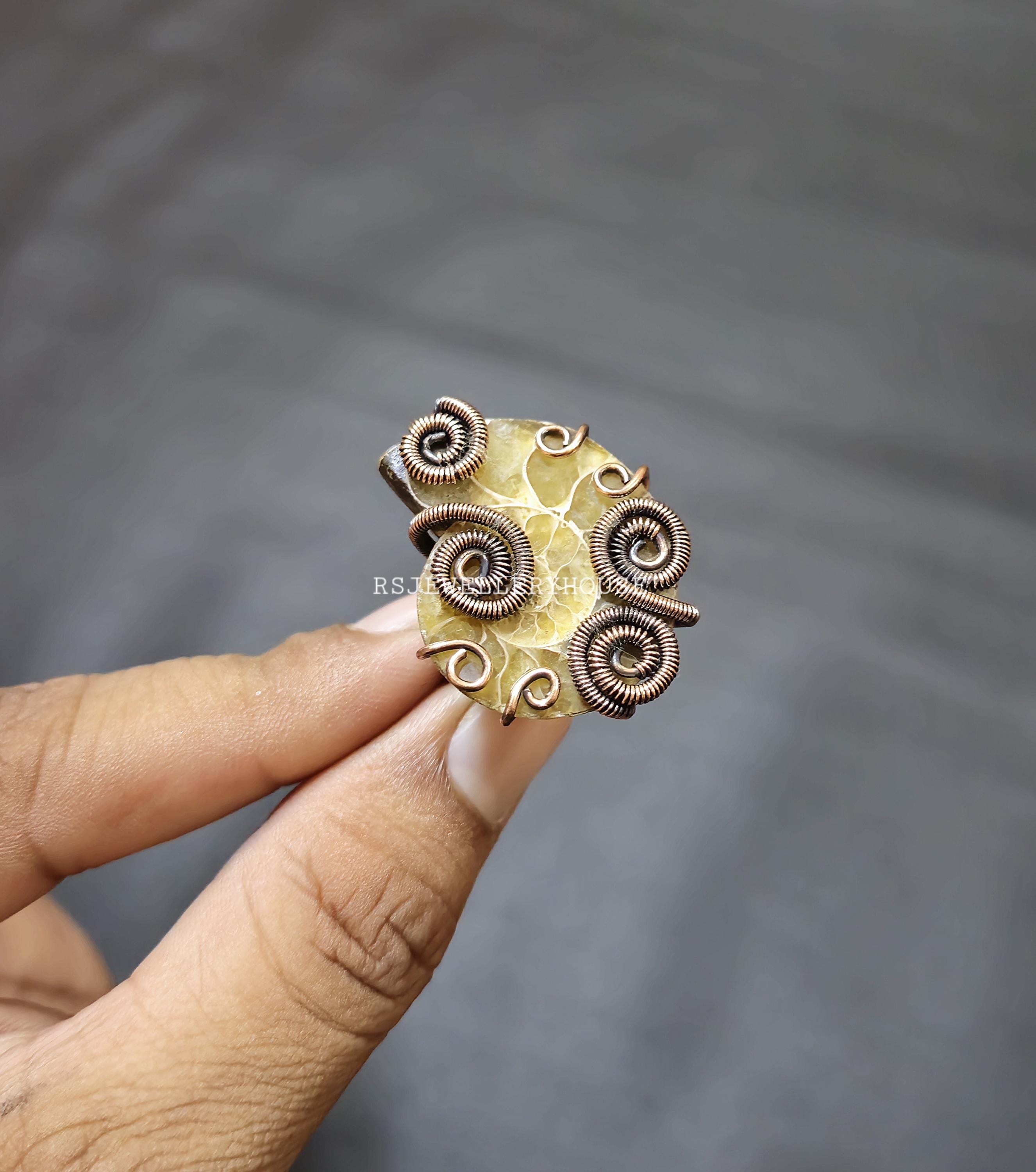 Ammonite Fossil Copper Wire Wrapped Ring Ammonite Fossil Gemstone