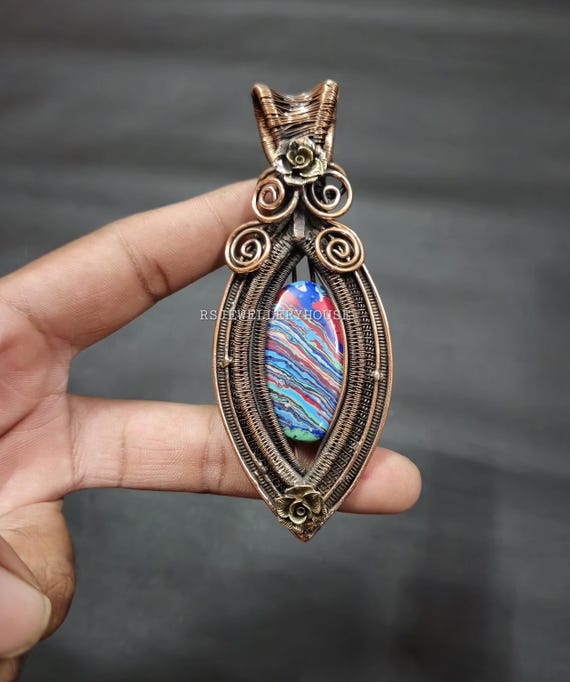 Rainbow Calsilica Pendant Copper Wire Wrapped Jewelry Calsilica