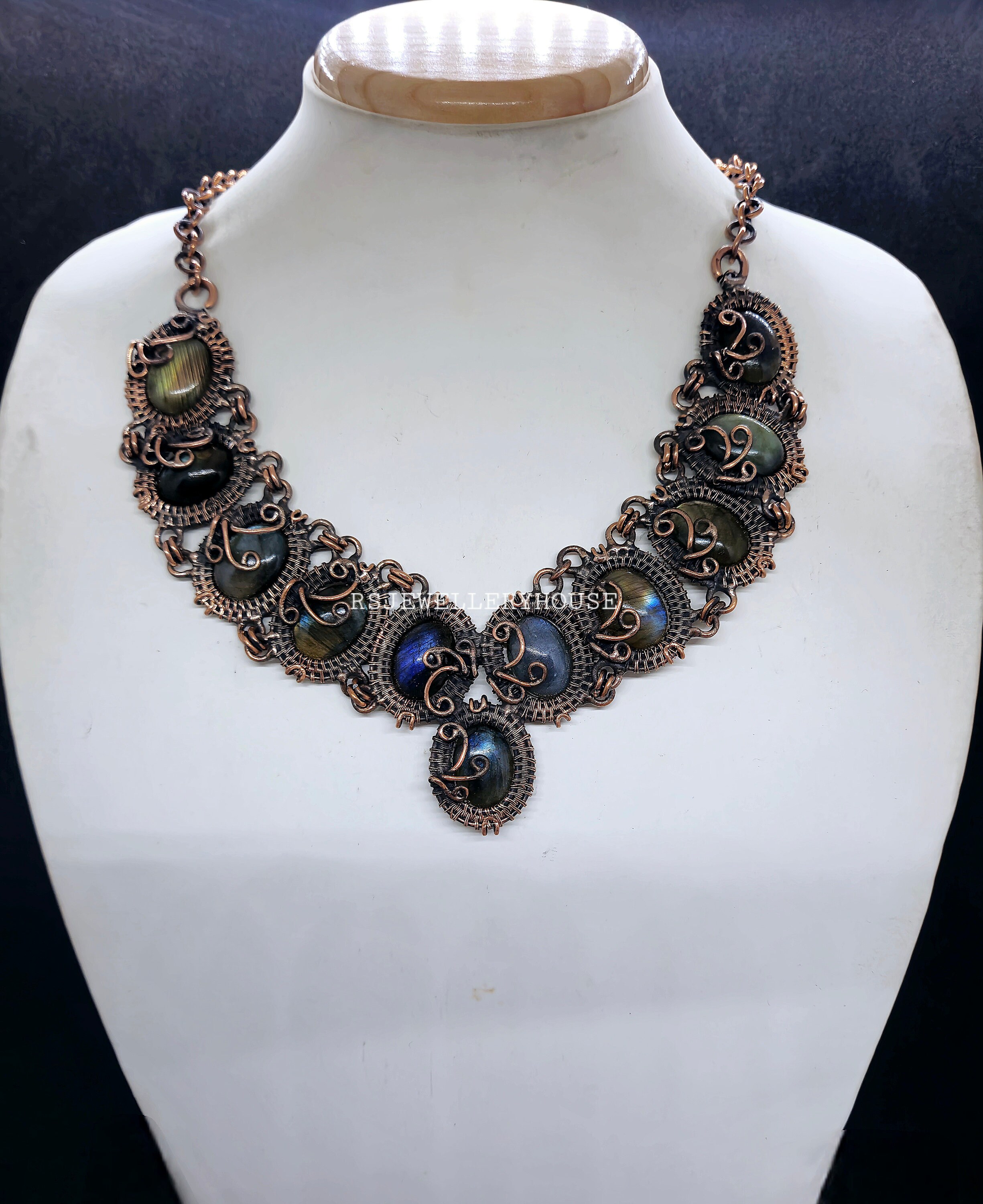 Collana Artigianale In Rame Con Labradorite Grigia: Filo Avvolto, Regolabile, Idea Regalo (Lunghezza 18 Pollici)