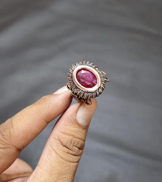 Faceted Kashmir Ruby Ring Copper Wire Wrapped Ring Adjustable Ring