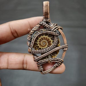 Ammonite Fossil Pendant Copper Wire Wrapped Gemstone Jewelry Copper Pendant Ammonite Fossil Jewelry Handmade Wire Wrap Pendant Gift For Him