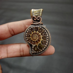 Ammonite Fossil Pendant Copper Wire Wrapped Gemstone Jewelry Copper Pendant Ammonite Fossil Jewelry Handmade Wire Wrap Pendant Gift Her