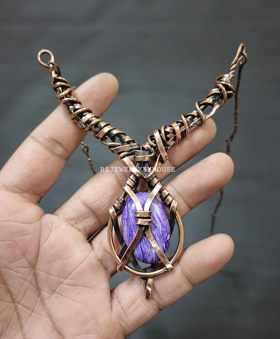 Lovely Charoite Necklace Wire Copper Wire Wrap Designer Adjustable
