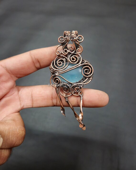 Aquamarine Pendant Copper Wire Wrapped Gemstone Jewelry Copper