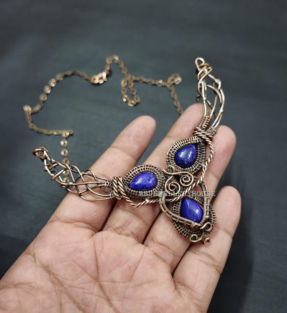Lapis Lazuli Necklace Copper Wire Wrapped Necklace Adjustable Chain Necklace Copper Jewelry Gemstone Necklace Handmade Jewelry For Gift