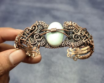 Larimar Gemstone Wire Wrapped Bangle Adjustable Cuff Handmade Jewelry Copper Bracelet Larimar Jewelry Gift For Her