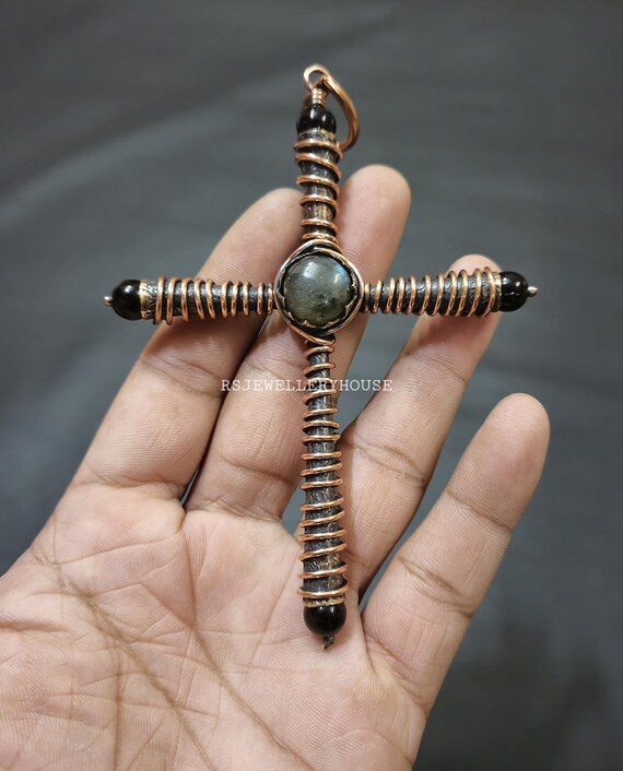 Labradorite Gemstone Wire Wrapped Pendant Amazing Cross Pendant
