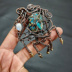 Copper Chrysocolla Pendant Rainbow Moonstone Pendant Copper Wire Wrapped Gemstone Jewelry Handmade Elegant Necklace Copper Pendant Gifts Him