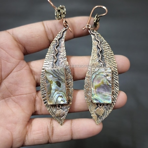 Abalone Shell Earring Abalone Shell Gemstone Jewelry Leaf Style Earring Dangle Copper Earring Unique Handmade Jewelry Gift For Annivesery