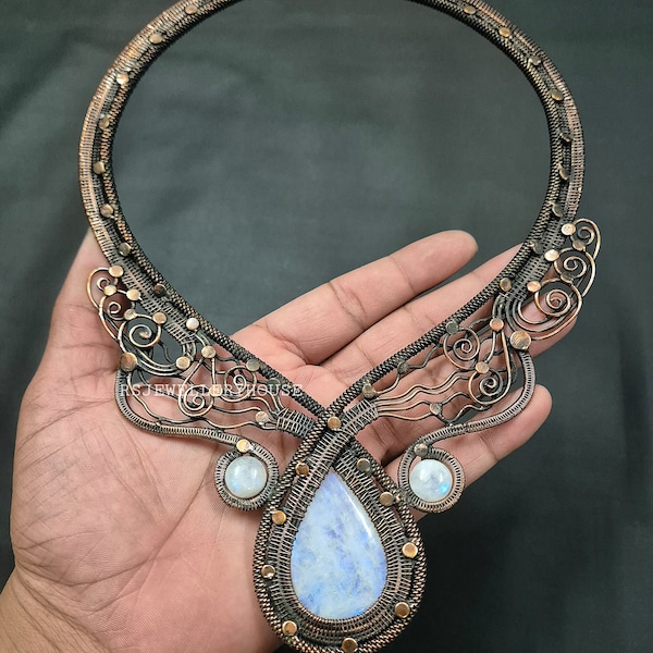 Handmade Copper Wire Wrapped Rainbow Moonstone Necklace