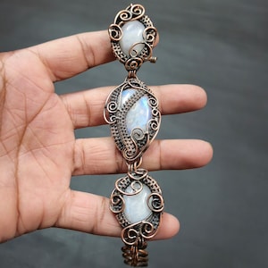 Rainbow Moonstone Wire Wrapped Bracelet Original Gemstone Bracelet Handmade Copper Amazing Jewelry Copper Wrap Bracelet Gif For Mother